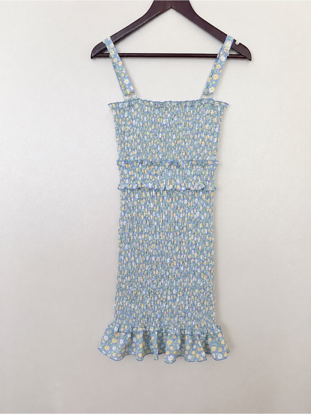 Love Tree Yellow Blue Green Floral Smocked Mini Dress  Stretchy Ruffle Hem